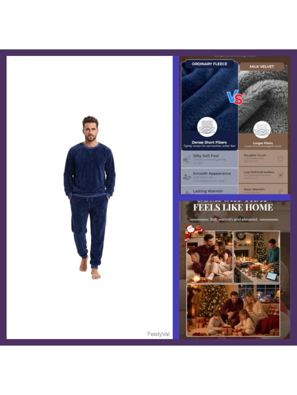 Men's Plush Fleece Pajama Set Long Sleeve Crew Neck Sleepwear with Pockets